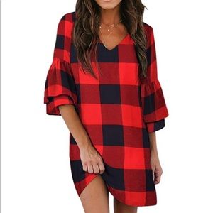 Buffalo Plaid Shift Dress with Bell Sleeve